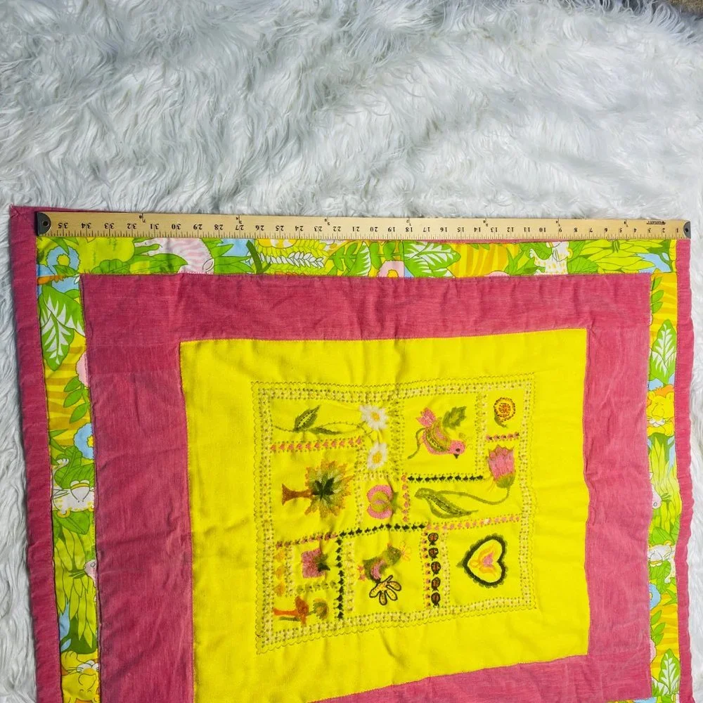 Vintage Handmade Embroiderd Felted Quilt  Baby Lap Flowerpower 60's